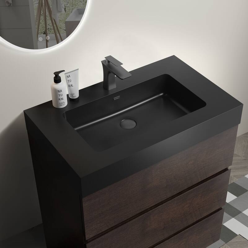 GDFStudio - Alice Walnut Freestanding Bathroom Vanity with One-Piece Matte Black Sink, Modern Handle-Free Design, Pre-Assembled