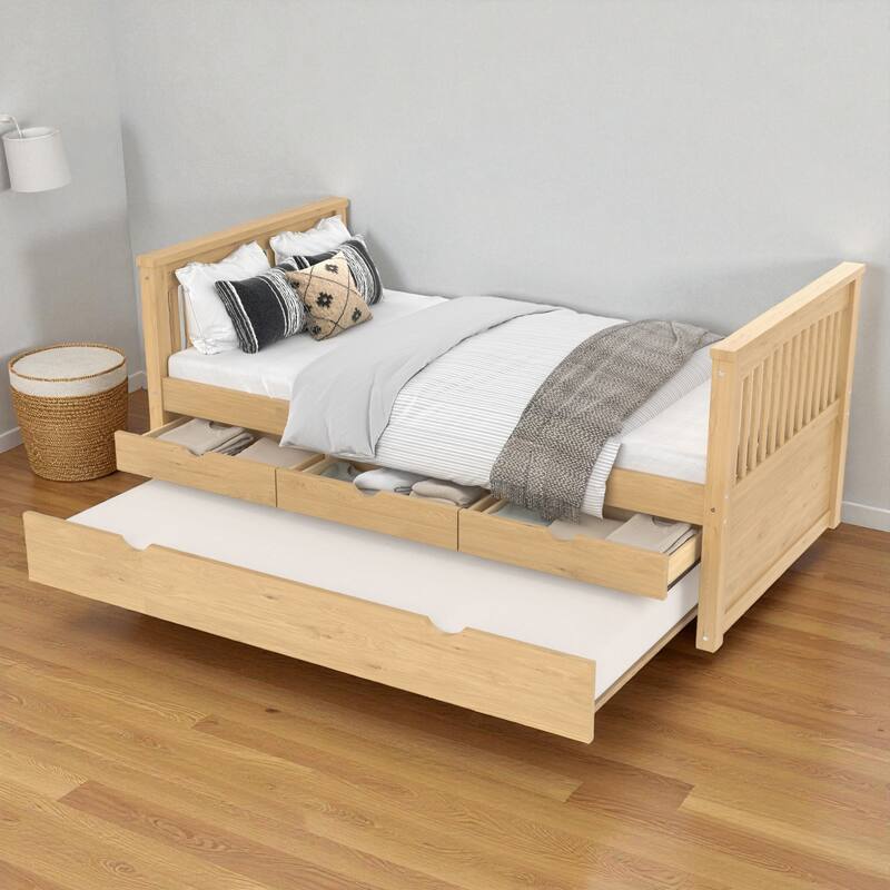 Twin Solid Wood Platform Bed with Drawers and Trundle, Space-Saving Daybed Frame with Storage, No Box Spring Needed