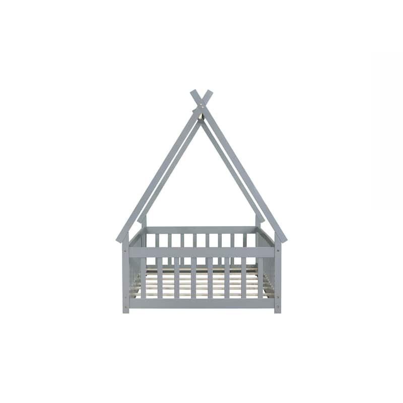Twin Tent-shaped Floor Bed,Teepee Bed with Guardrails,Slats and Door