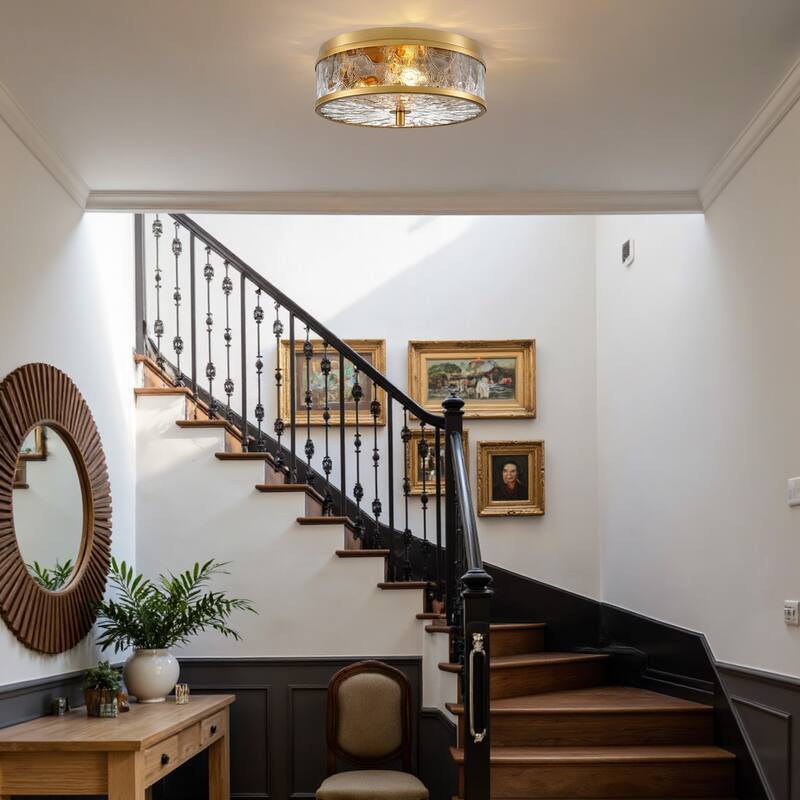 2-Light Farmhouse Drum Flush Mount Ceiling Light with Glass Shade - 12 inch
