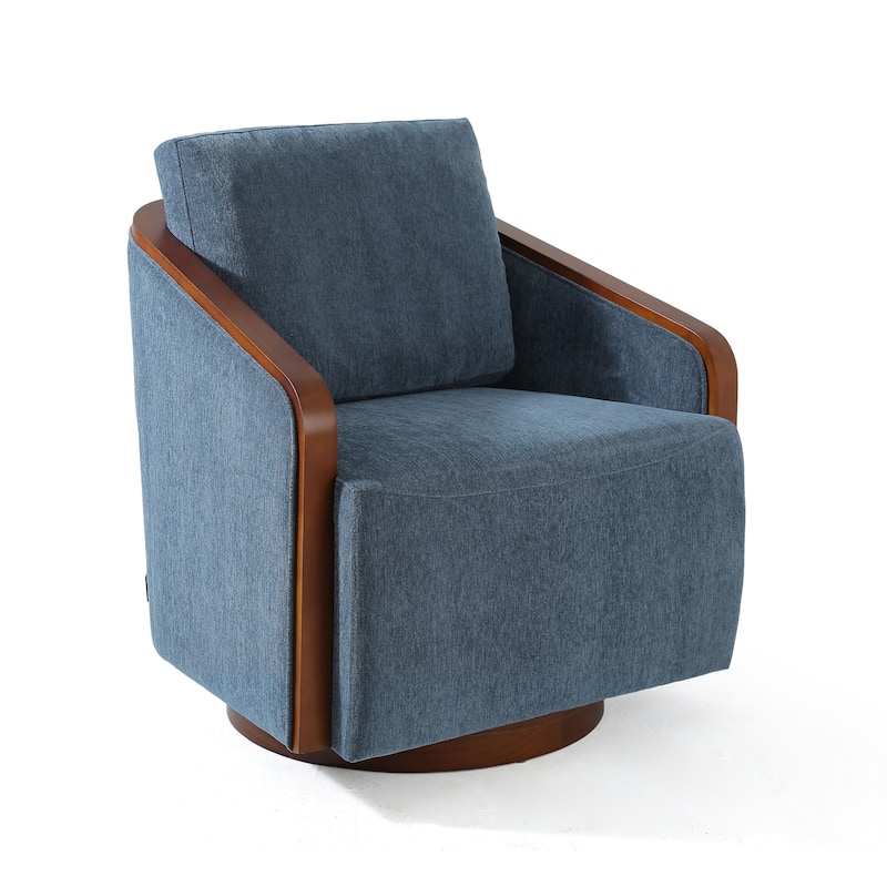 Upholstered Swivel Barrel Chair with Curved Wood Arms