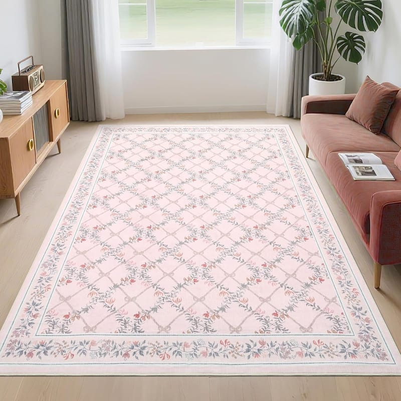 Floral Neutral Washable Hallway Low Pile Area Rug for Bedroom, Living Room, Pink Orange - 2' x 3' - Pink 5*7ft