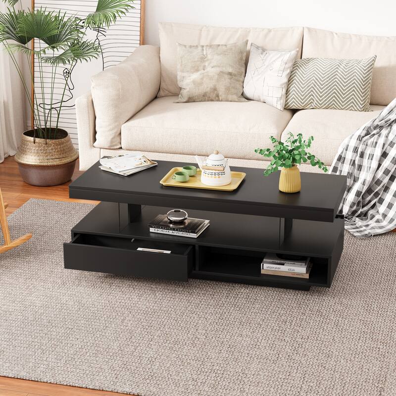 LED Storage Coffee Table with 2 Drawers and Shelves - Black