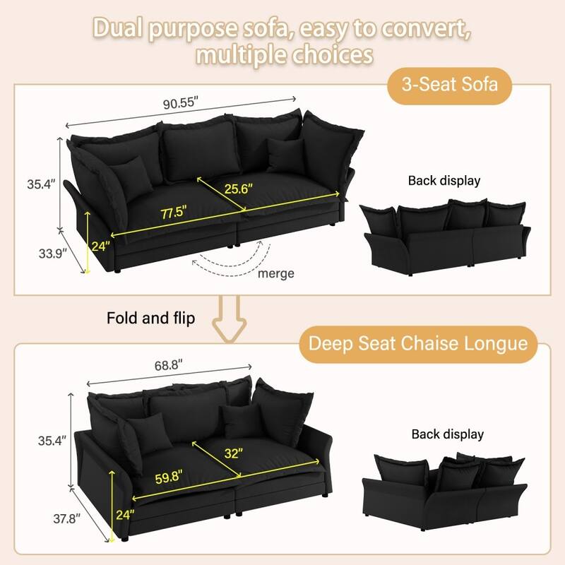 90.55" Modern Comfy Upholstered Sofa Cloud Couch with Multiple Large Soft Pillows