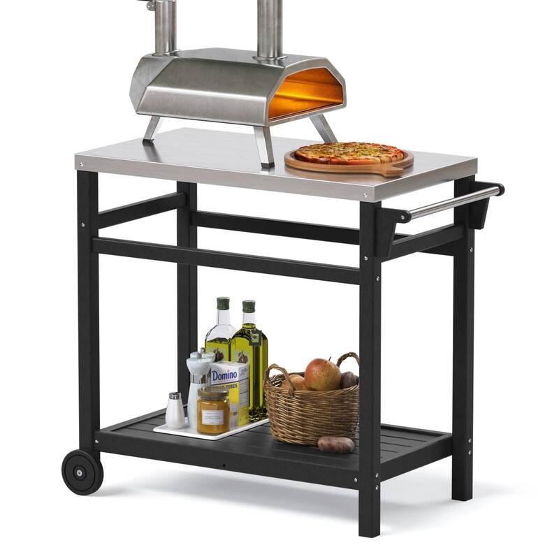 Portable Outdoor Grill Cart with HDPE Legs,Stainless Steel Top&Double-Shelf Storage for BBQ Prep Table - Black
