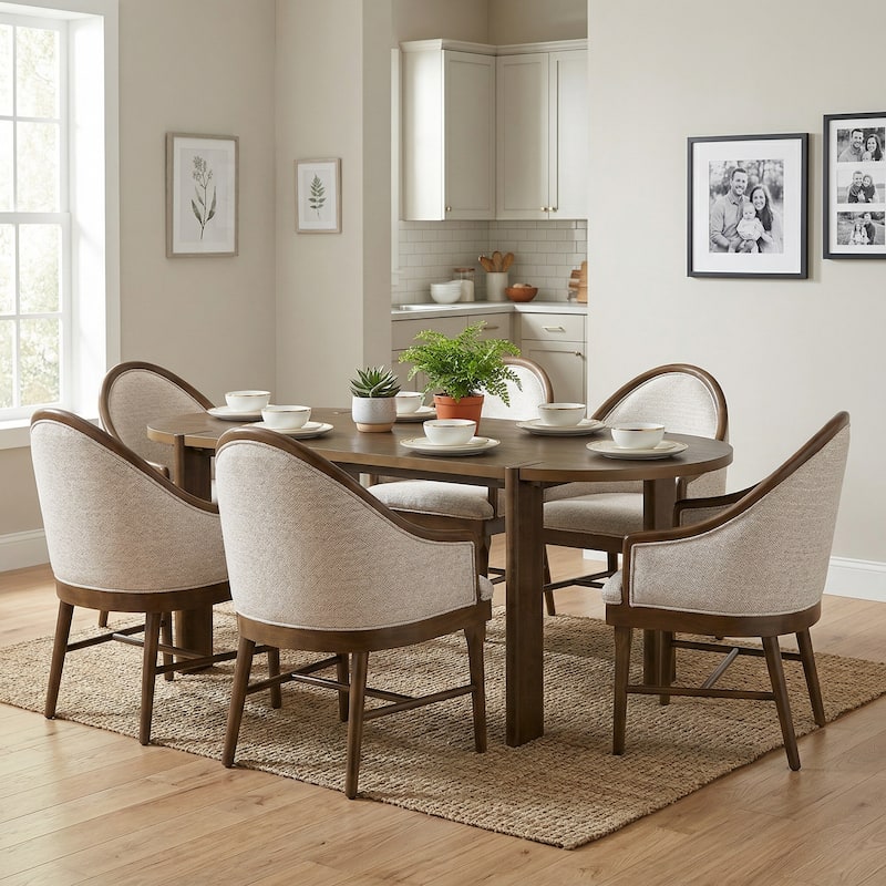 Christopher Knight Home - Farmhouse Dining Set with Modern Walnut-Finished Wooden Oval Dining Table and Upholstered Chairs - 7-Piece