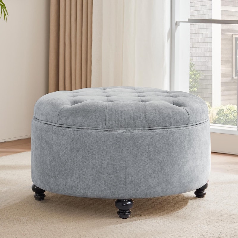 Tufted Large Round Storage Ottoman Footrest Beige/ Grey/ Blue