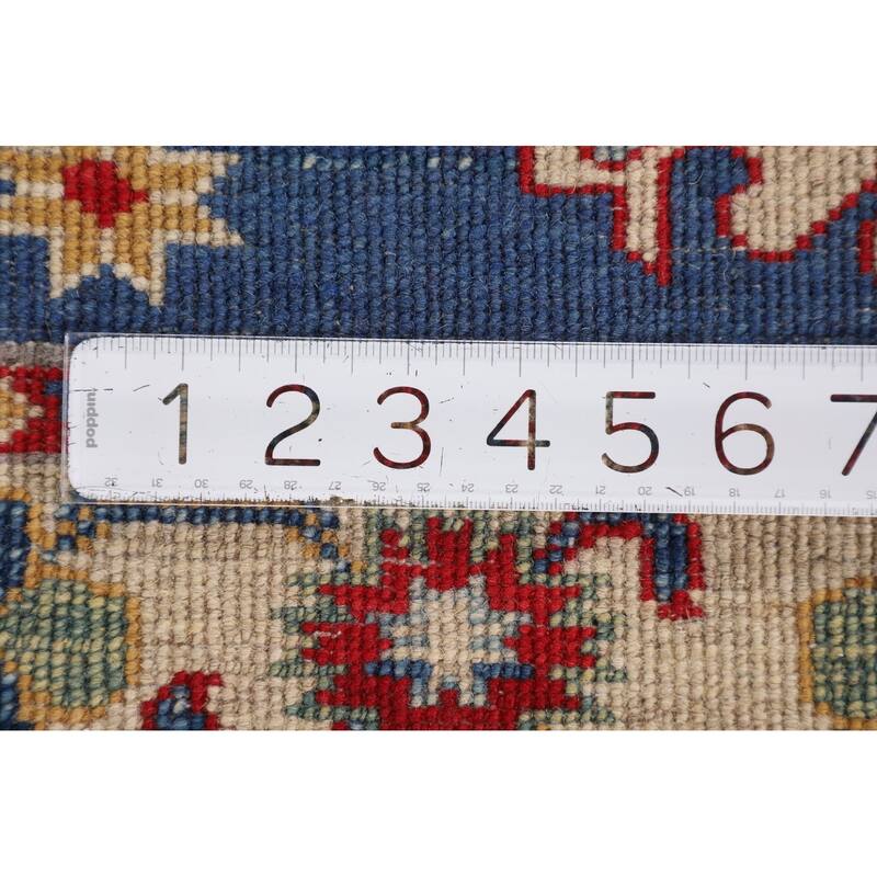 Geometric Kazak Foyer Rug Hand-Knotted Traditional Blue Wool Carpet - 2'7" x 3'11"