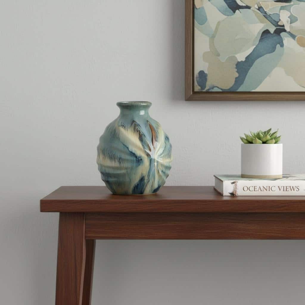 11" Blue Beige And Brown Abstract Round Ceramic Table Vase - 8.10