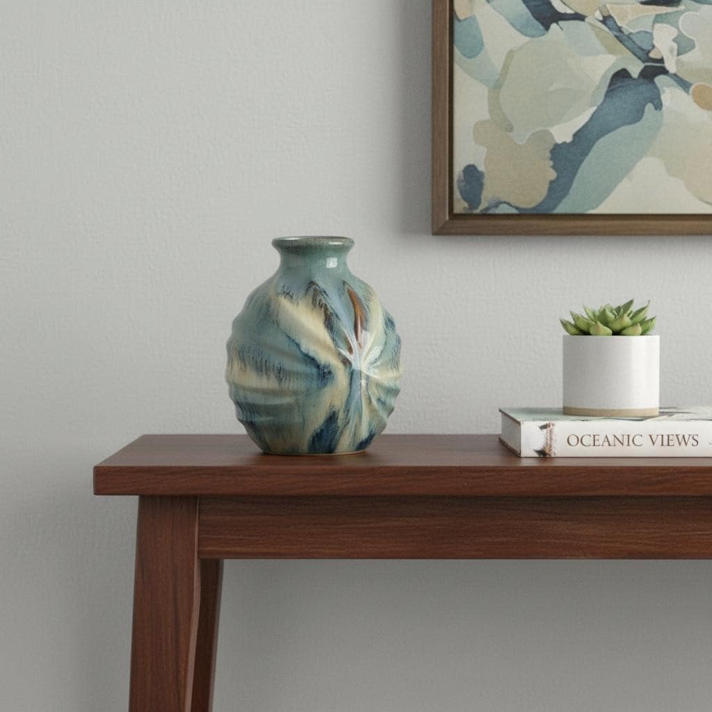 11" Blue Beige And Brown Abstract Round Ceramic Table Vase - 8.10