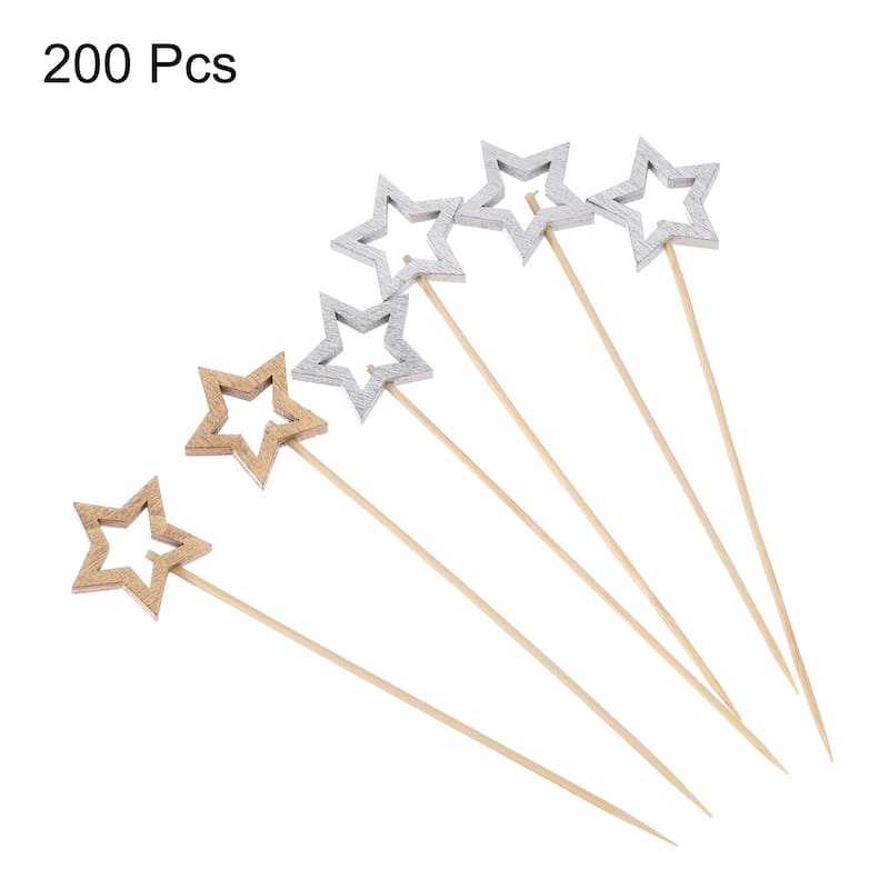 Bamboo Cocktail Toothpicks Hollow Star Shaped Drink Pick Skewer 200Pcs - Gold, Silver - 5.5"