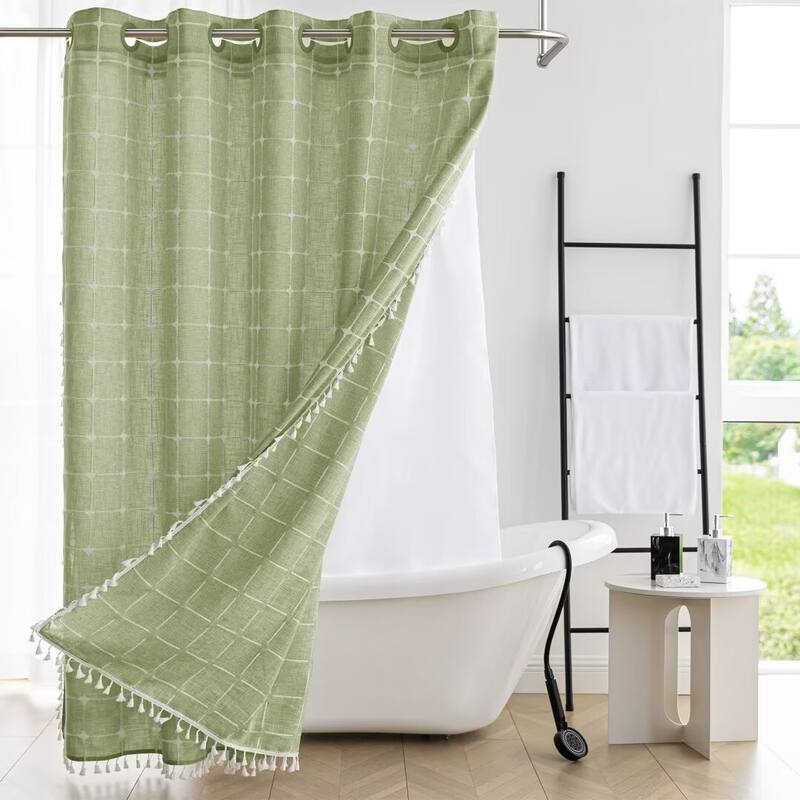 No Hooks Linen Textured Geometric Tassels Shower Curtain with Snap-in Liner - 71"Wx74"L - Sage