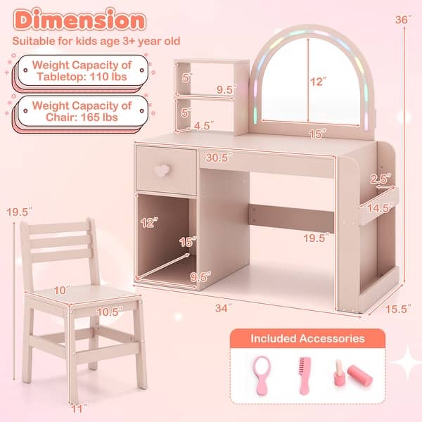 dimension image slide 0 of 2, Gymax Kids Vanity Desk w/ Lights Open Bookshelf Storage Drawer