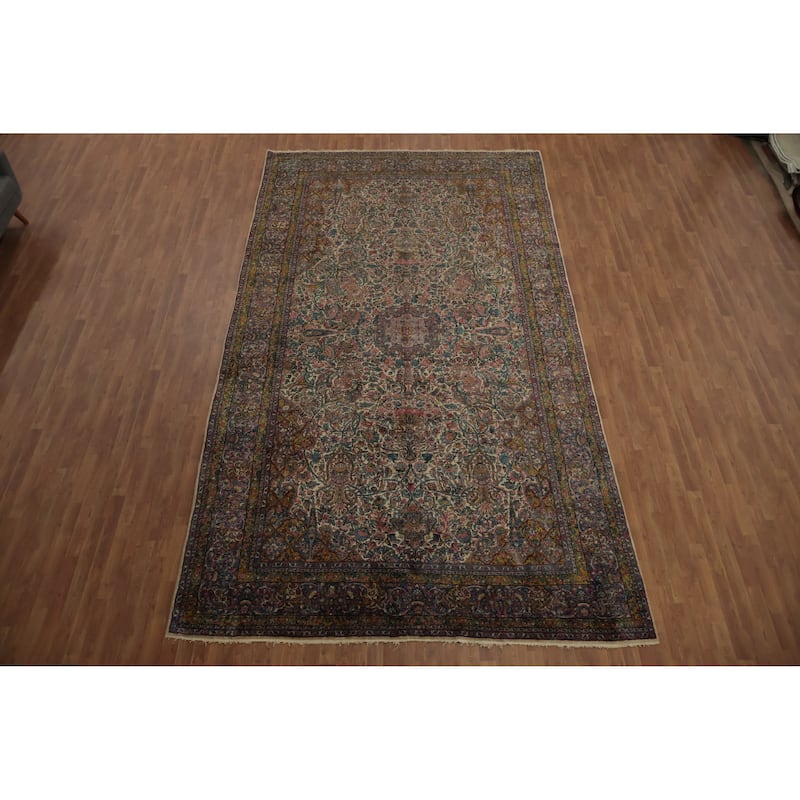 Hand Knotted Oriental 100% Wool Carpet Traditional Floral Beige & Ivories Kerman Area Rug - 15' 2'' X 8' 6''