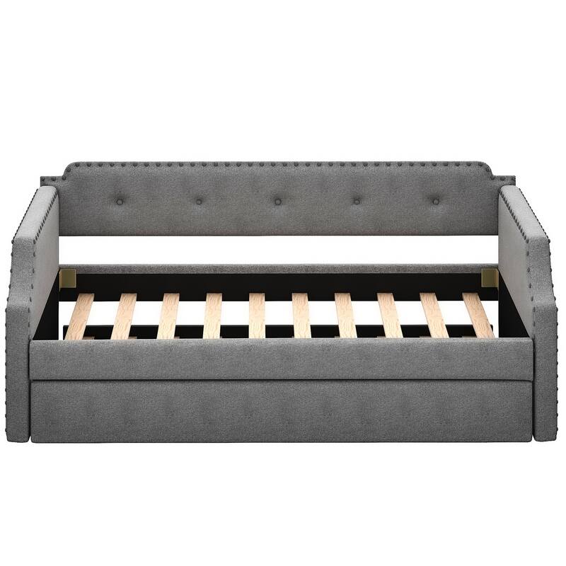 Gray Twin Upholstered Daybed with Trundle, Wood Slat Support, Sofa Bed for Guest Rooms