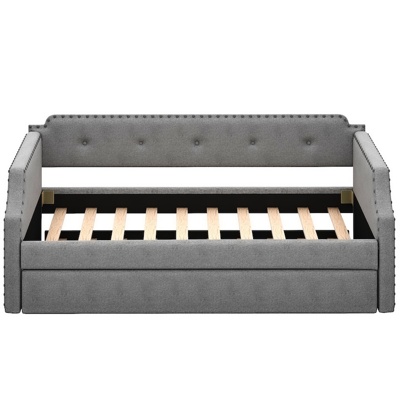 Upholstered Daybed With Trundle, Wood Slat Support,Upholstered Frame Sofa Bed