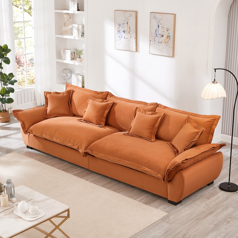 Modular Spacious Deep Seating Velvet Sofa with Storage, Removable Cushion Covers, Pillow Top Arms, Solid Wood Frame and Pillows - Orange