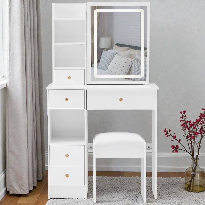 29.2'' Small Vanity Table with LED Tri-Color Mirror, Drawer & Cushioned Stool, Space-Saving Makeup Desk for Small Rooms