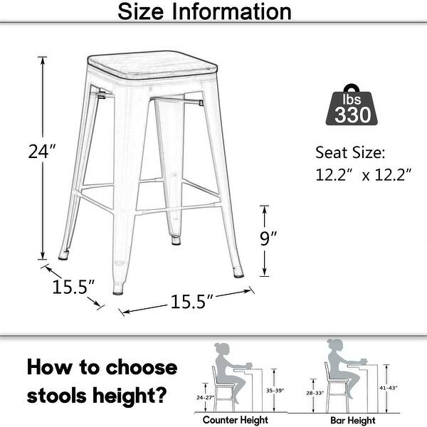 dimension image slide 4 of 7, Bar Stools Set of 4 Stackable Metal Bar Stools Industrial Counter Height Stools Backless Barstools with Wooden Seats