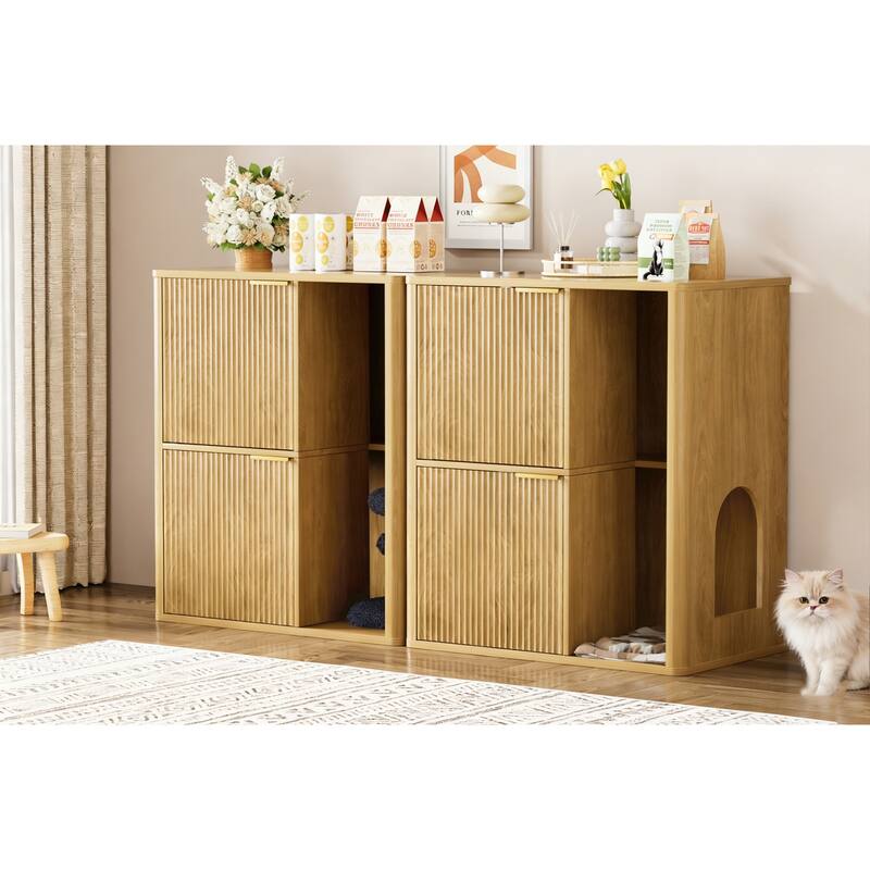 31.5" Walnut Cat Litter Cabinet with Cat Tree, Grooved Concealed Litter Furniture Featuring Dual Cat Doors and Storage Shelves
