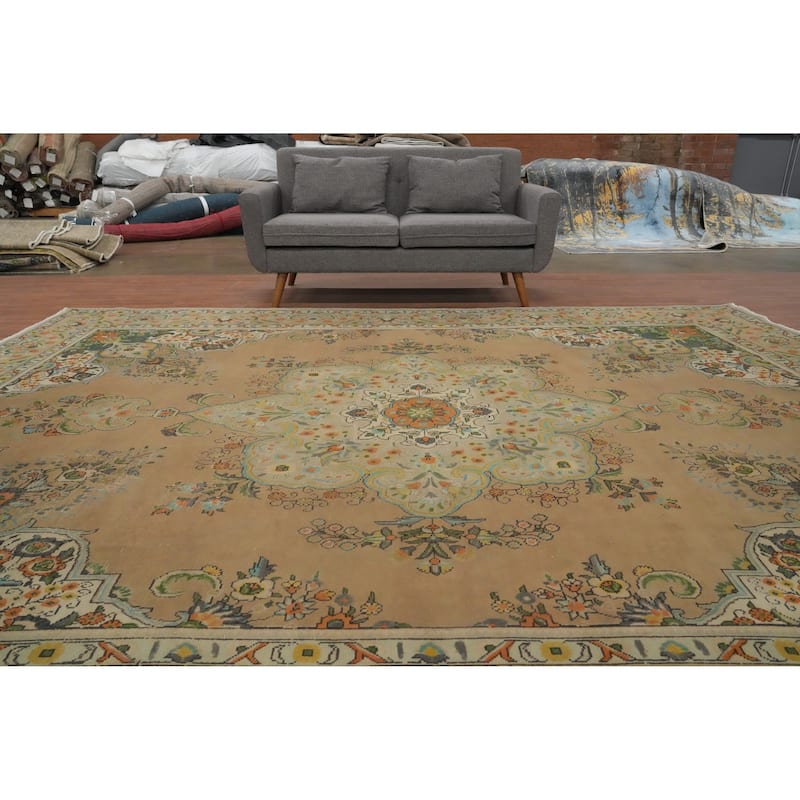 Hand Knotted Oriental 100% Wool Carpet Traditional Medallion Peach Tabriz Area Rug - 12' 4'' X 9' 6''