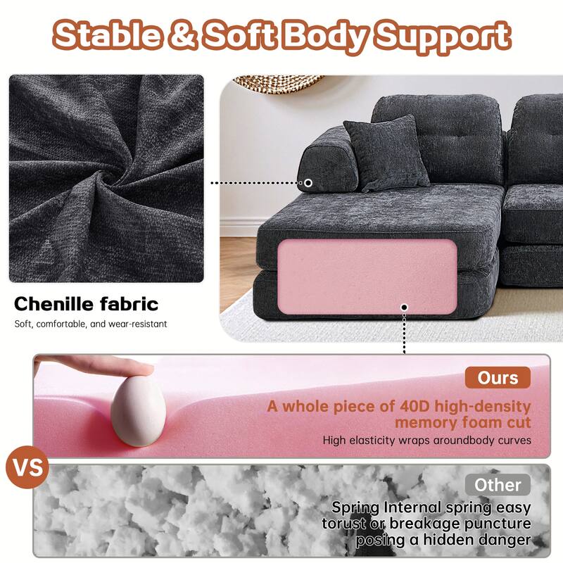104" Boneless Sofa,Sectional Compressed Couch with Chaise, Deep Seat Modular Sectional Sofa
