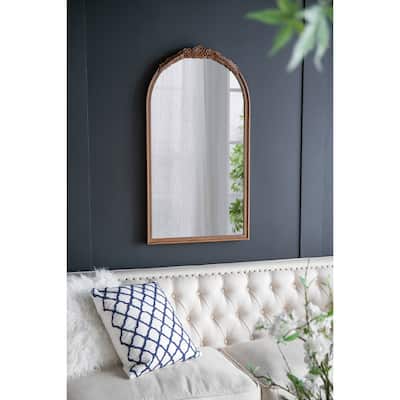 23" x 42" Hand Carved Rose Antique Mirror Frame, Wood Arch Mirror Wall Decor for Living Room, Bathroom, Entryway