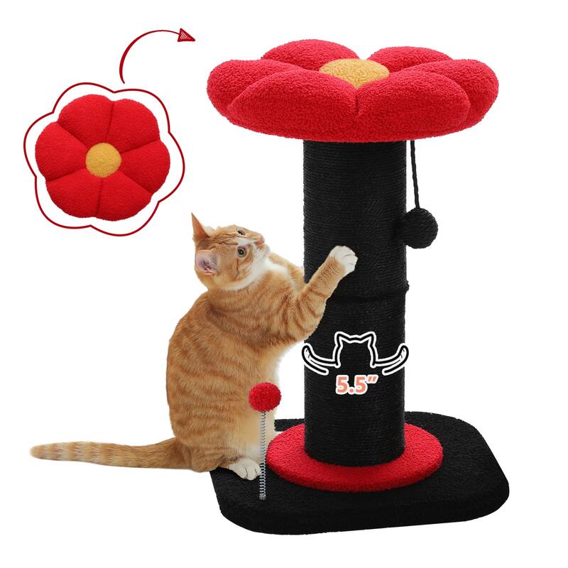 Small Flower Cat Scratching Post, Cat Tree with Super Thick Scratching Post, Removable Flower Cat Bed & Spring Ball - Black