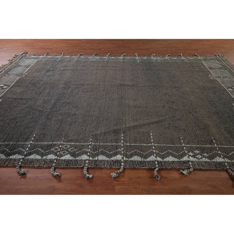 Striped Brown Moroccan Area Rug Handmade Wool Carpet - 8'10"x 12'7"