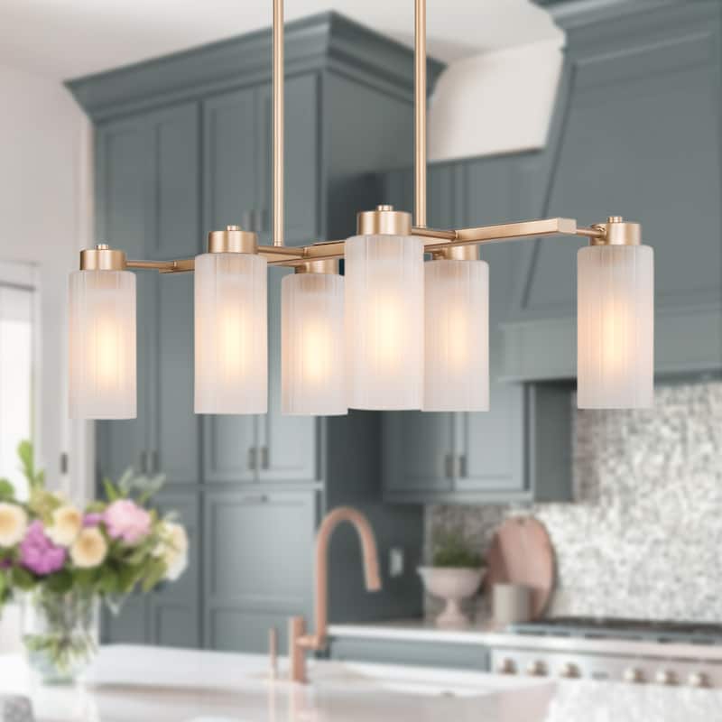 Mid-century Modern 6-Light Gold Linear Chandelier Glass Island Lights for Dining Room - L24.4" x W13" x H74''