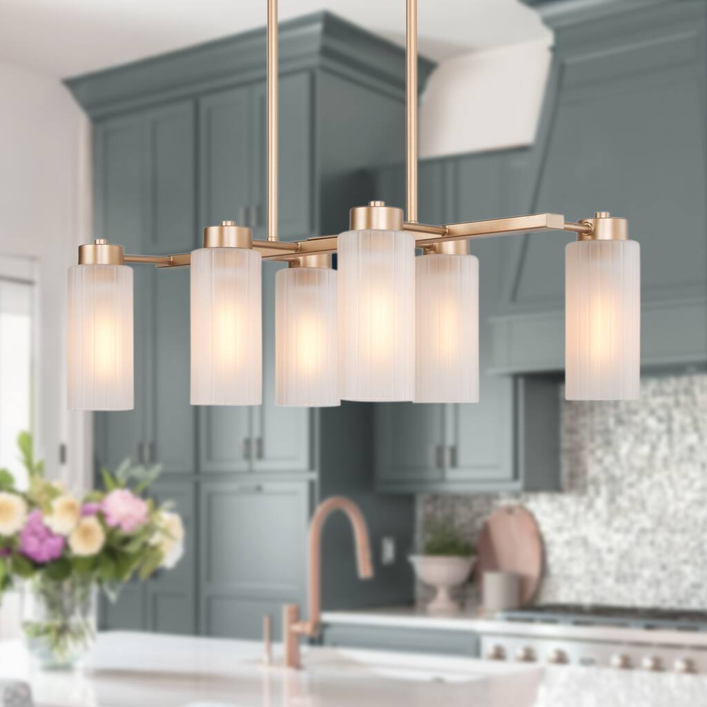 Mid-century Modern 6-Light Gold Linear Chandelier Glass Island Lights for Dining Room - L24.4" x W13" x H74''