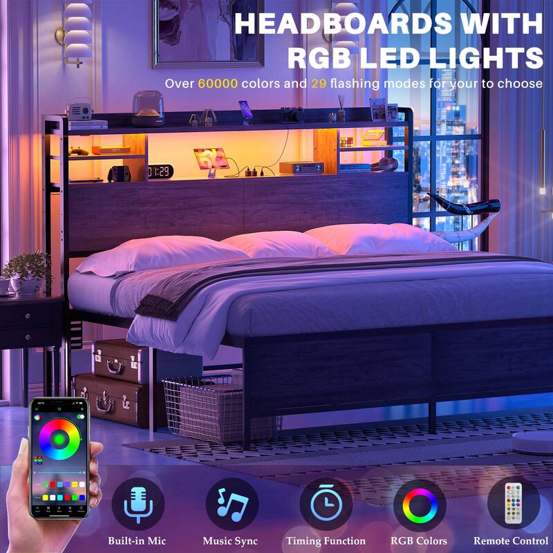 Storage Headboard with USB Port and Power Outlet, Head Board with LED Light for Bed Frame