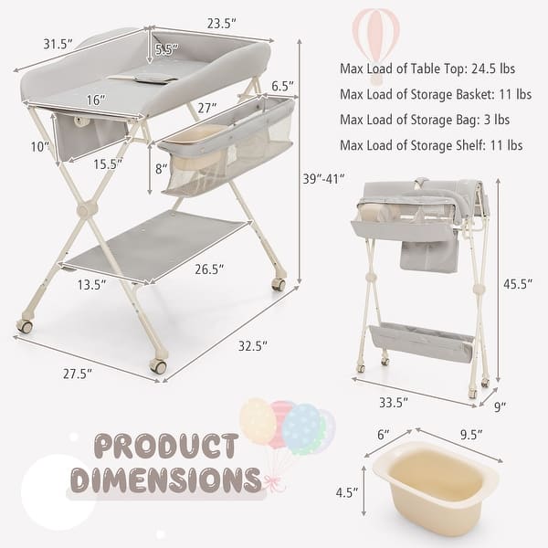 Baby Diaper Changing Table Folding Newborn Nursery Organizer W/Wheel