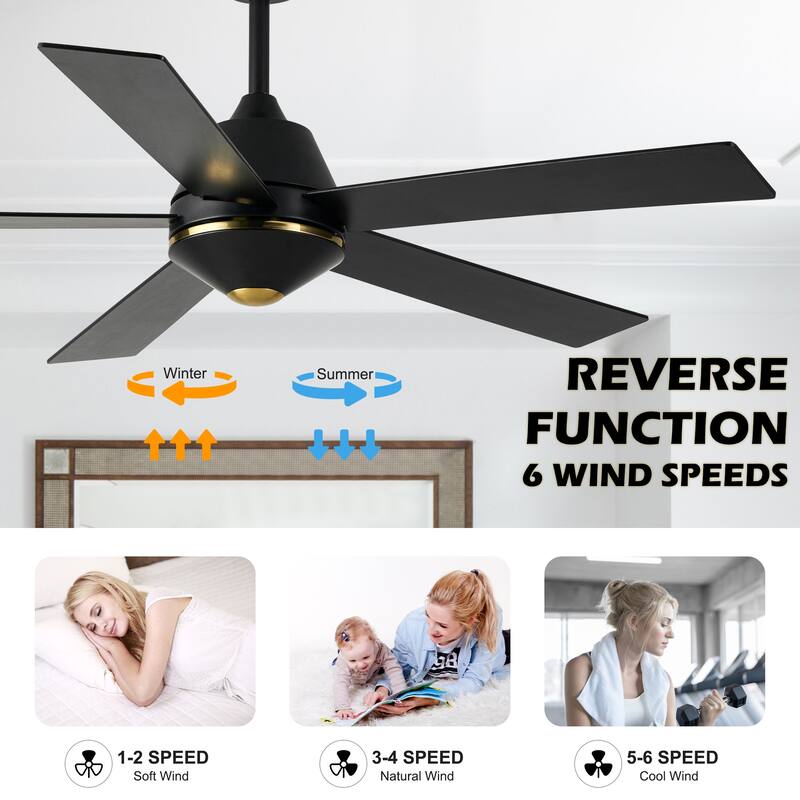 Oaks Aura 52" Reversible Ceiling Fan,6 Speeds Modern Black Ceiling Fan with Quiet DC Motor and Remote,No Lighting, Only Fan