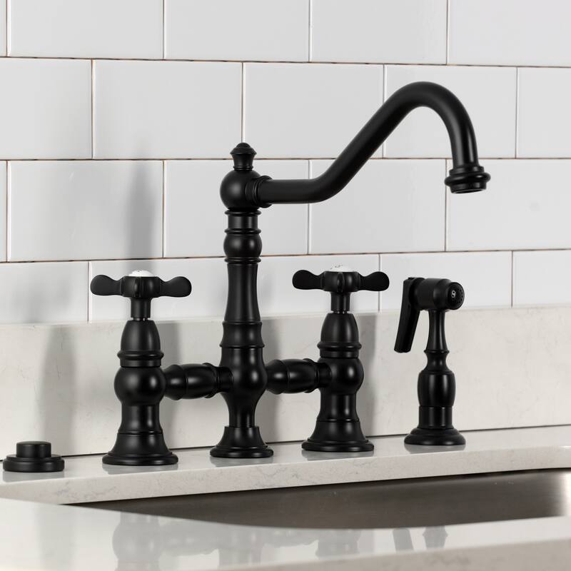 Kingston Brass Essex Two-Handle 4-Hole Deck Mount Bridge Kitchen Faucet with Brass Side Sprayer