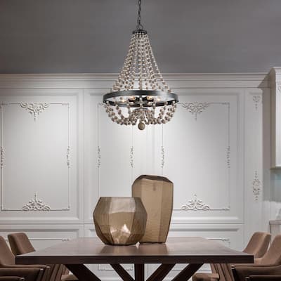 Mid-Century Modern 6-Light Wood Bead Bohemian Empire Chandeliers for Dining Room - W20.1" x H28.3"