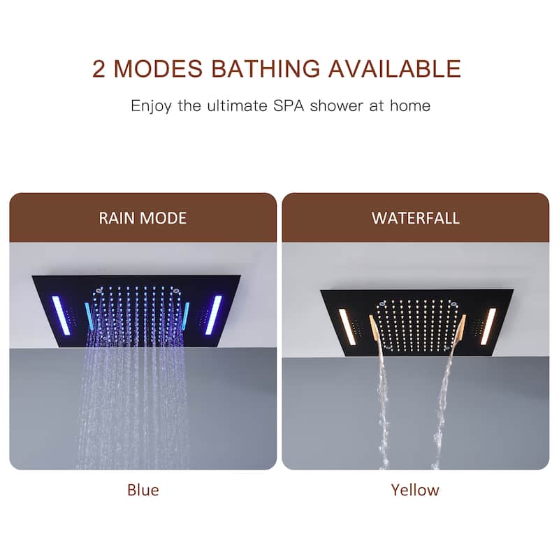 Luxury 4-Spray Patterns 23 in. Ceiling Mount Shower System with Handheld Shower Head, 6 Body Jets, LED, and Music - 15" x 23"