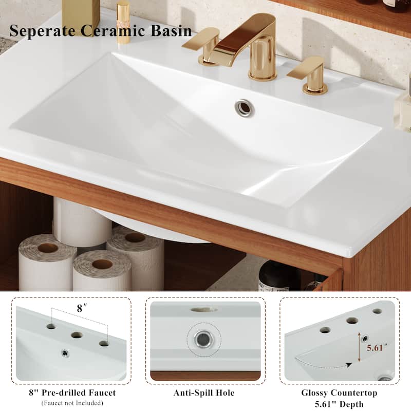 30 Inch Bathroom Vanity with Ceramic Sink,Bathroom Vanity Cabinet with Free-Handle Design Doors
