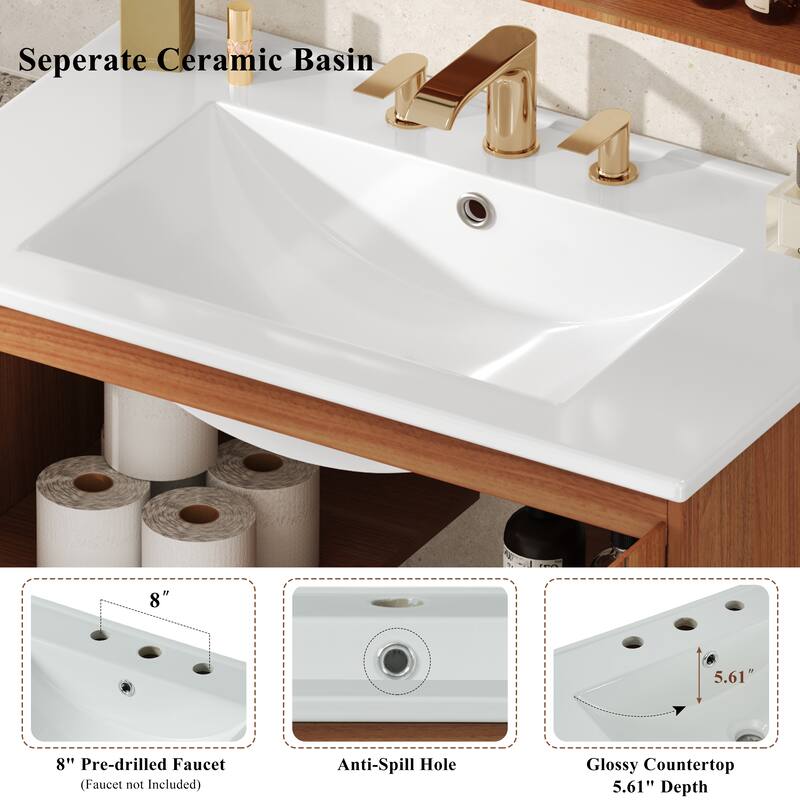 Roomfitters 30" Modern Bathroom Vanity with Ceramic Sink, Minimalist Cabinet with Vertical Stripe Design, Antique Natural