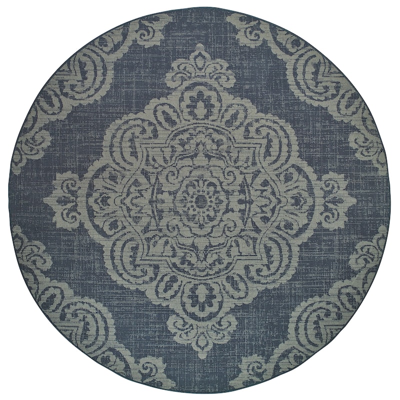 Style Haven Marianna Center Medallion Loop Pile Indoor Outdoor Rug - 7'10" Round - Navy/Grey