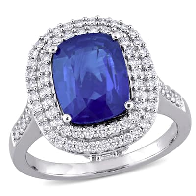 Miadora 3 7/8ct TGW Cushion Blue Sapphire and 1ct TDW Diamond Halo Cocktail Ring in 14k White Gold