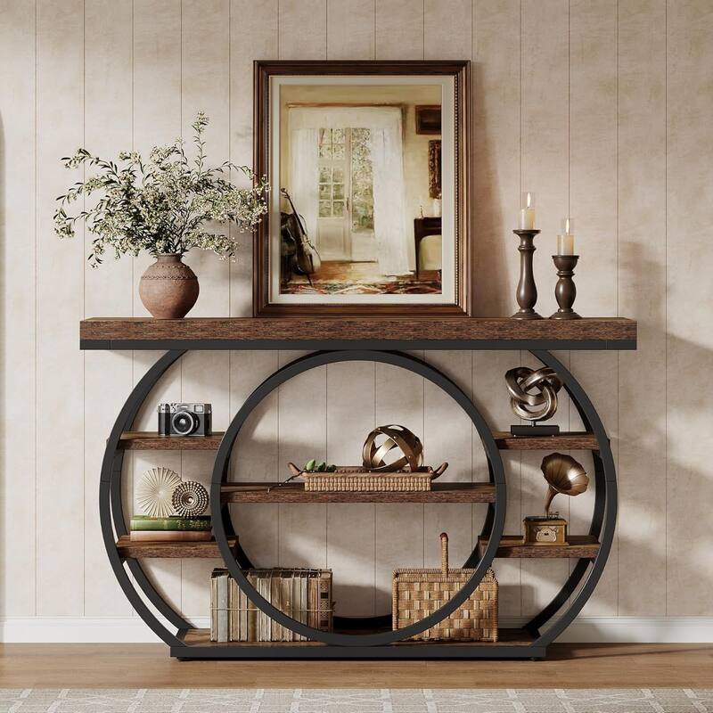 47 Inches Brown Engineered Wood Console Table, 5-Tier Industrial Entryway Table with Storage Shelves