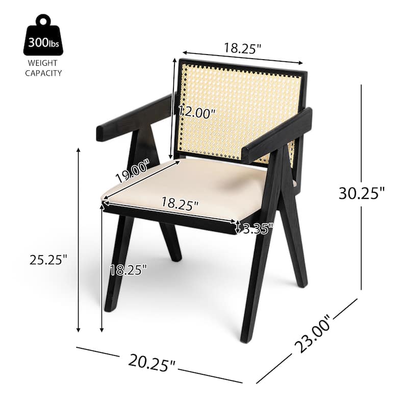 Farmhouse Rattan Dining Chairs Set of 2, Upholstered Armchairs with Backrest, Kitchen Side Chairs with Solid Wood Frame