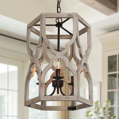 Modern Farmhouse 3-Light Wood Chandelier Rustic Kitchen Island Pendant Light - D 14"x H 20"