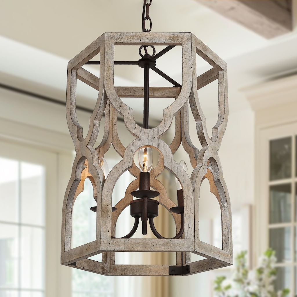 Modern Farmhouse 3-Light Wood Chandelier Rustic Kitchen Island Pendant Light - D 14"x H 20"