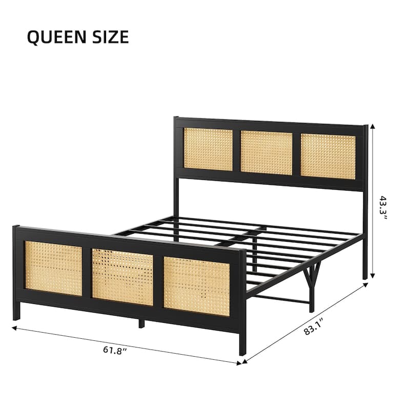 Black Bed Frame with Rattan Headboard and Footboard