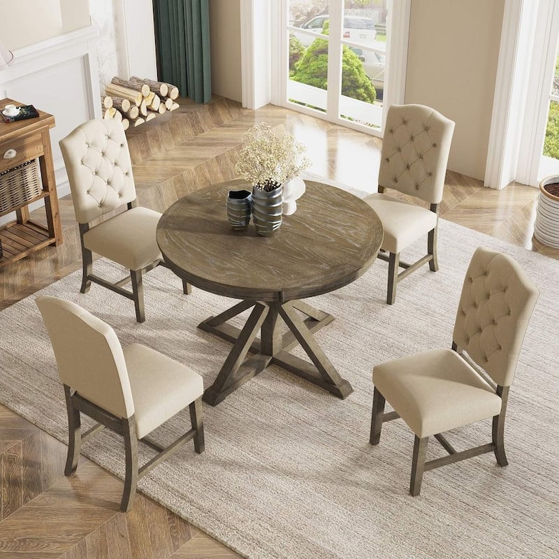 5-Piece Dining Set with Extandable Round Table - 1 x Table + 4 x Chairs - Natural Wood Wash/Gray