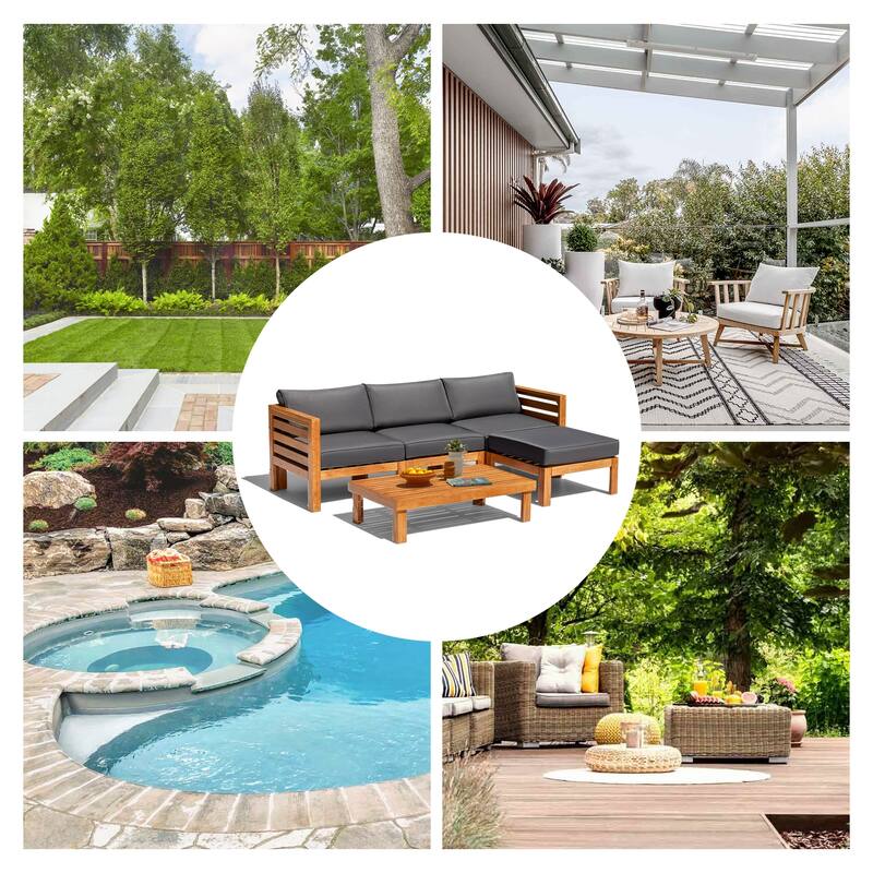 EROMMY Wood Patio Conversation Set with Coffee Table and Soft Cushions, Outdoor Sofa Set for Garden, Backyard