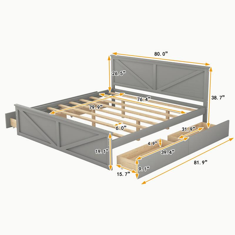 Wooden Platform Bed with Four Drawers