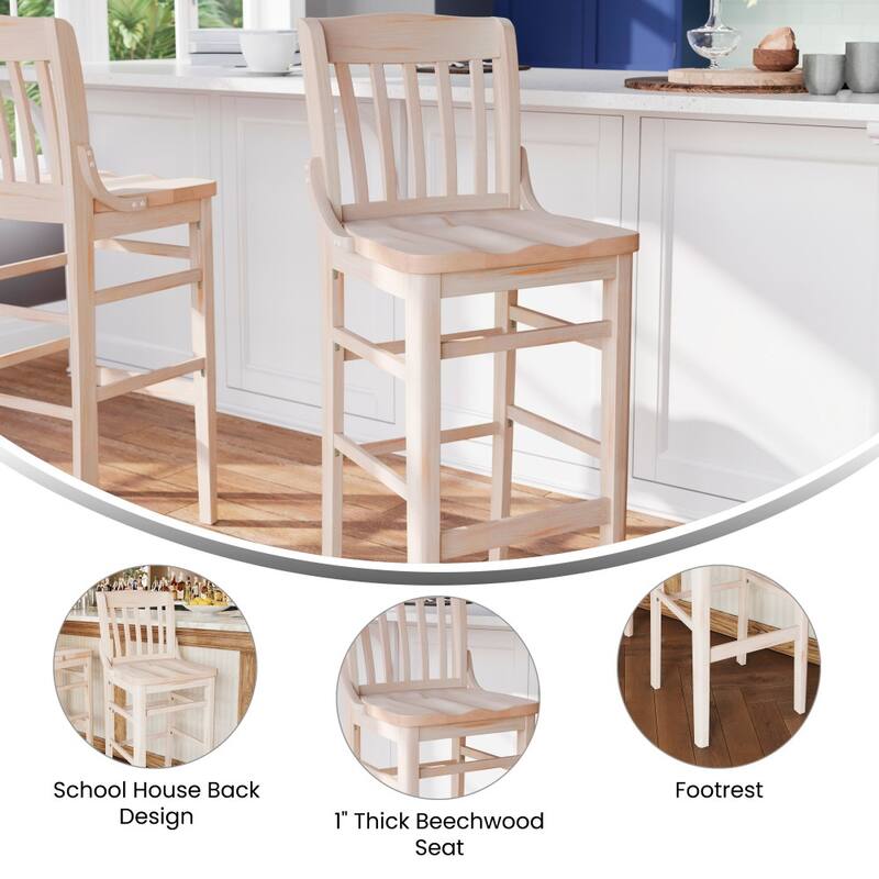 School House Back Wood Restaurant Dining Barstool - 18.5"W x 18.75"D x 44"H